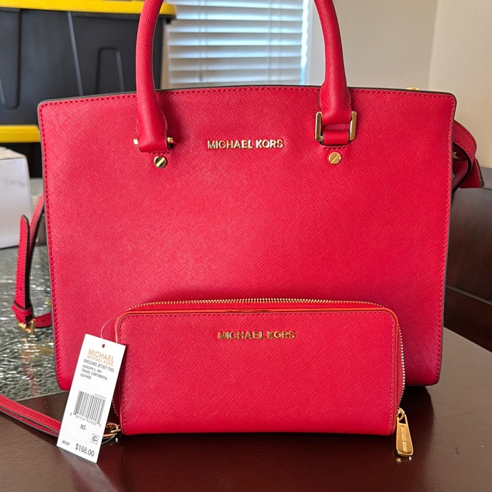 Michael Kors Red Satchel and Wallet Combo